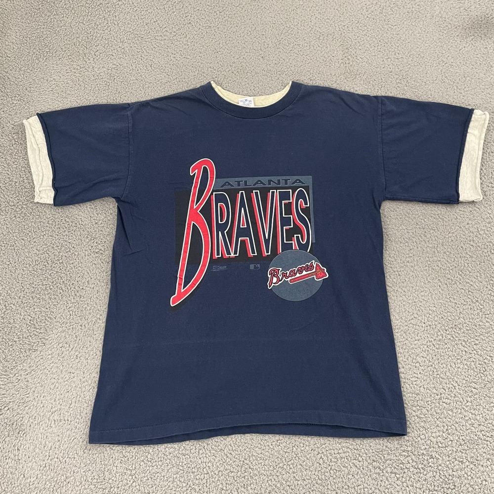 VTG Atlanta Braves Shirt XL Blue Salem Sportswear Double Sleeve MLB 90s